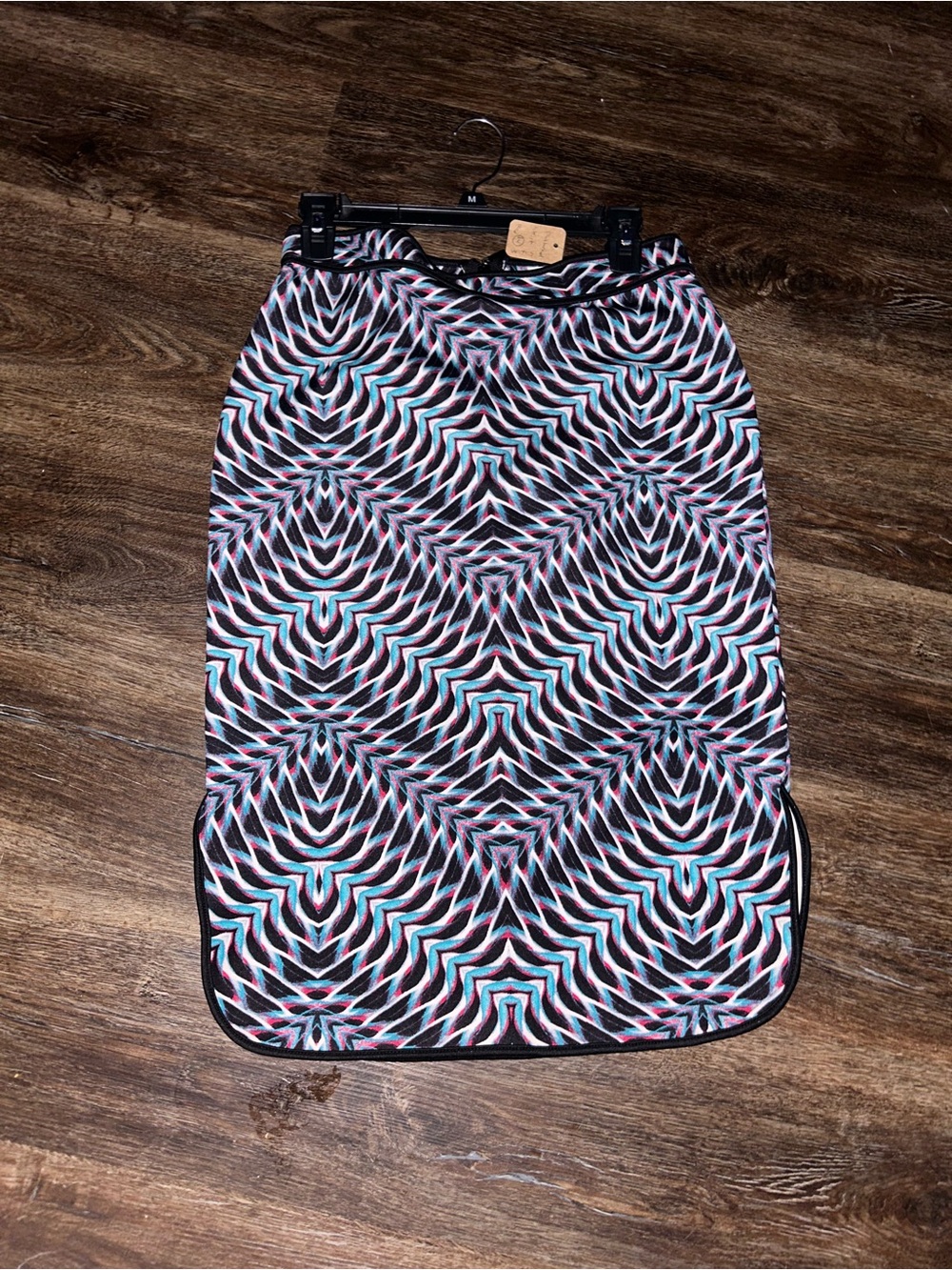 Bisou Bisou Black Pencil Skirt with Pink & Aqua Geometric Print